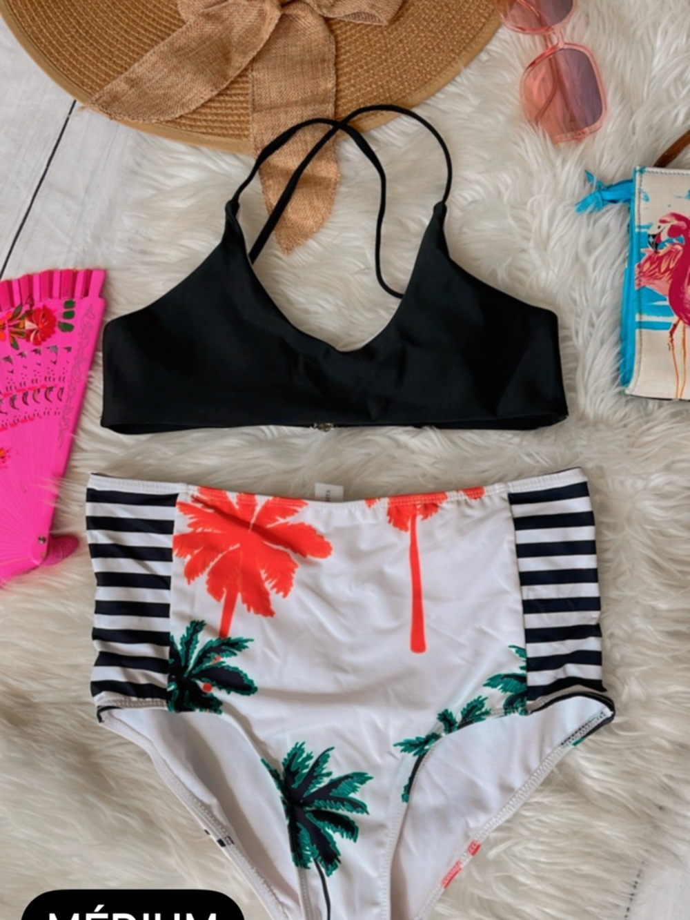 Black Bralette Bikini Top with White High-Waist Palm Print Bottoms